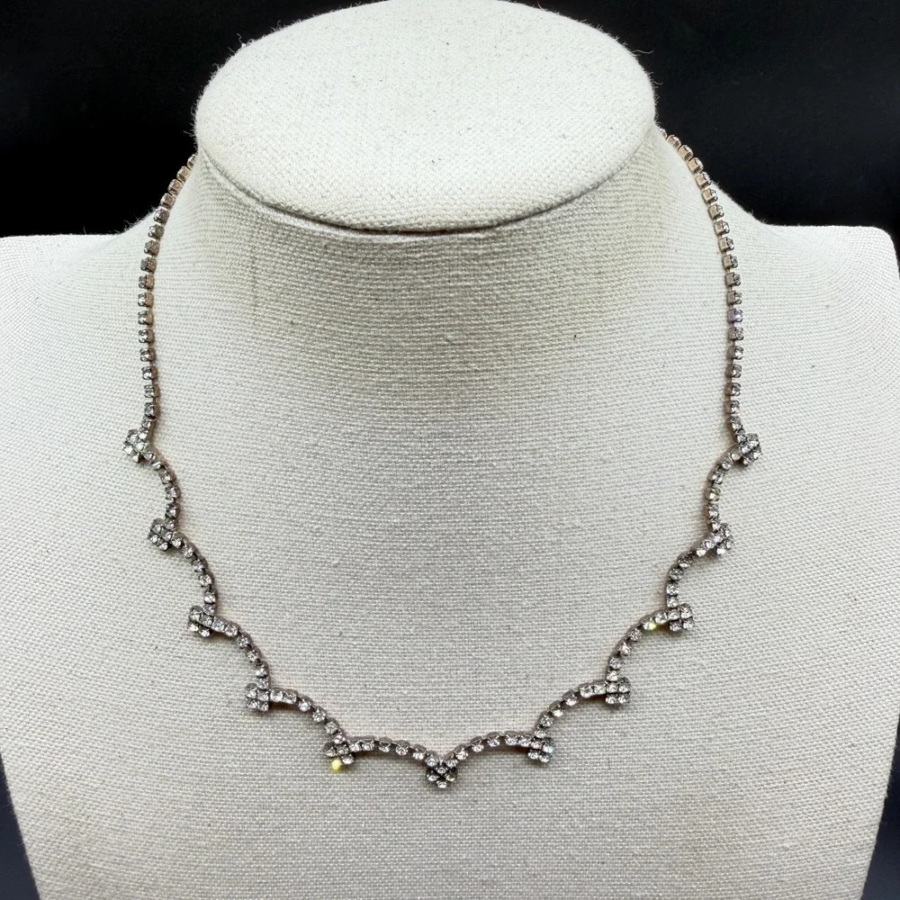 Clear Rhinestone Scalloped Choker Necklace Silver Tone Bridal Wedding Statement